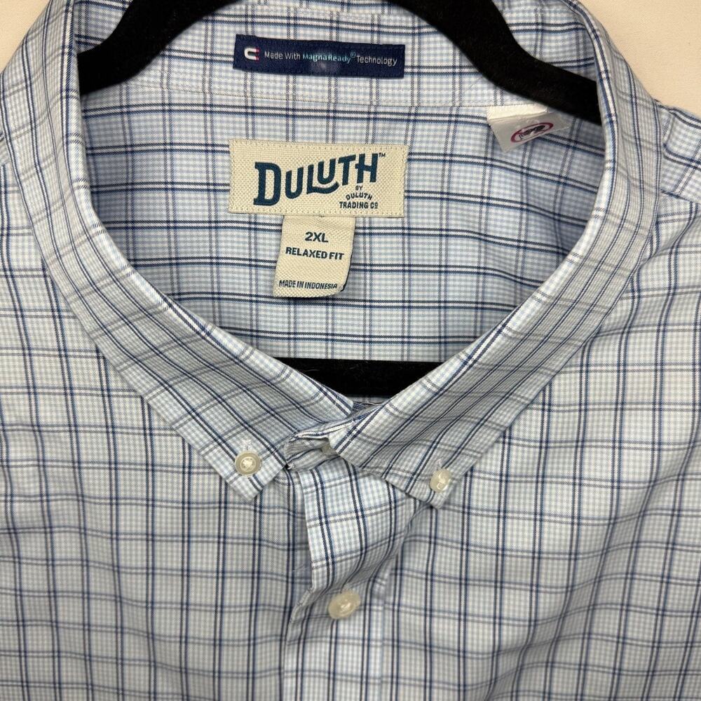 Duluth Trading Co Light Blue Plaid Short Sleeve MagnaReady Button Up Shirt-2XL